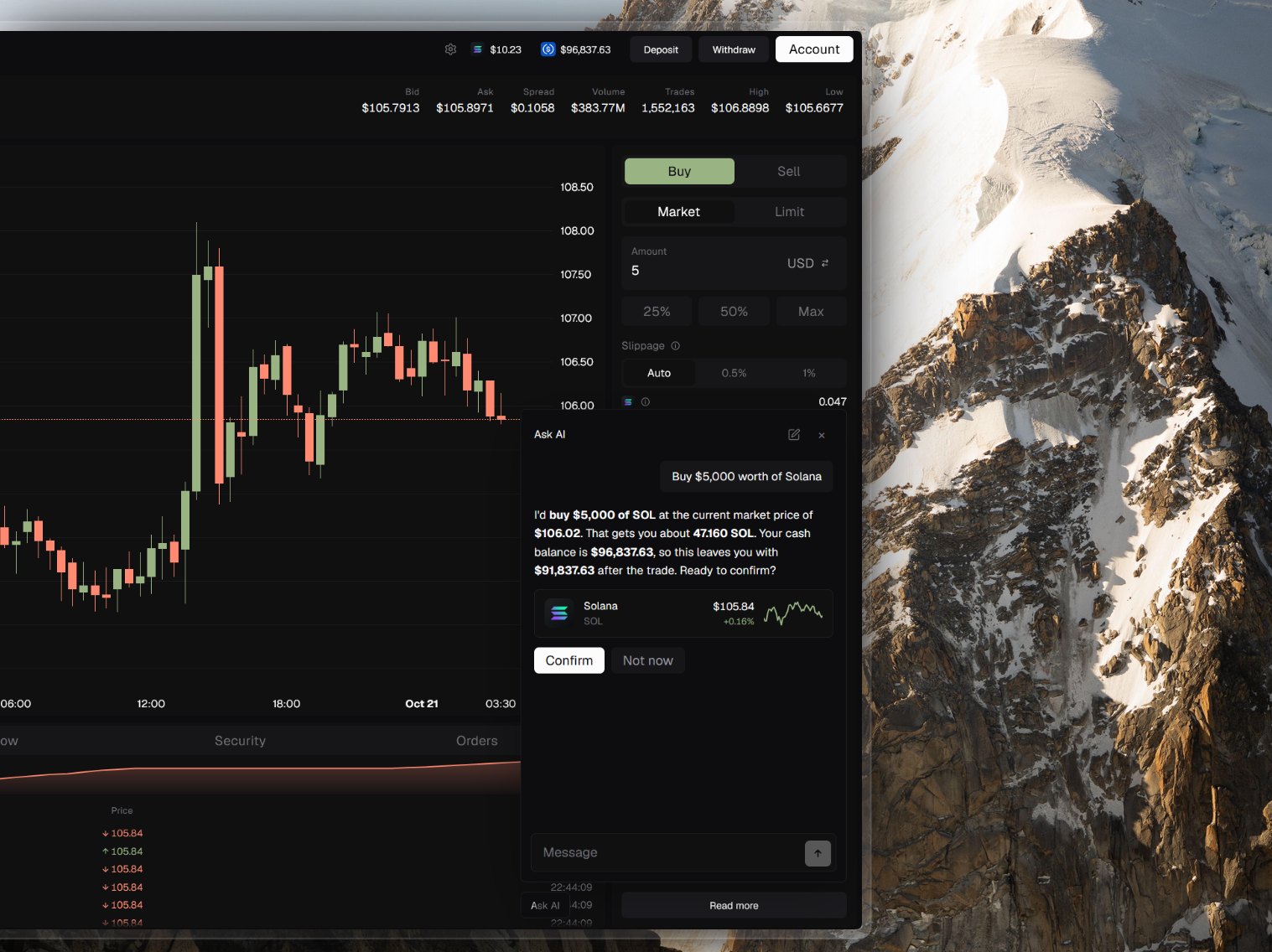 Ask AI on the Acend desk, confirming a $5,000 Solana buy beside a mountain.